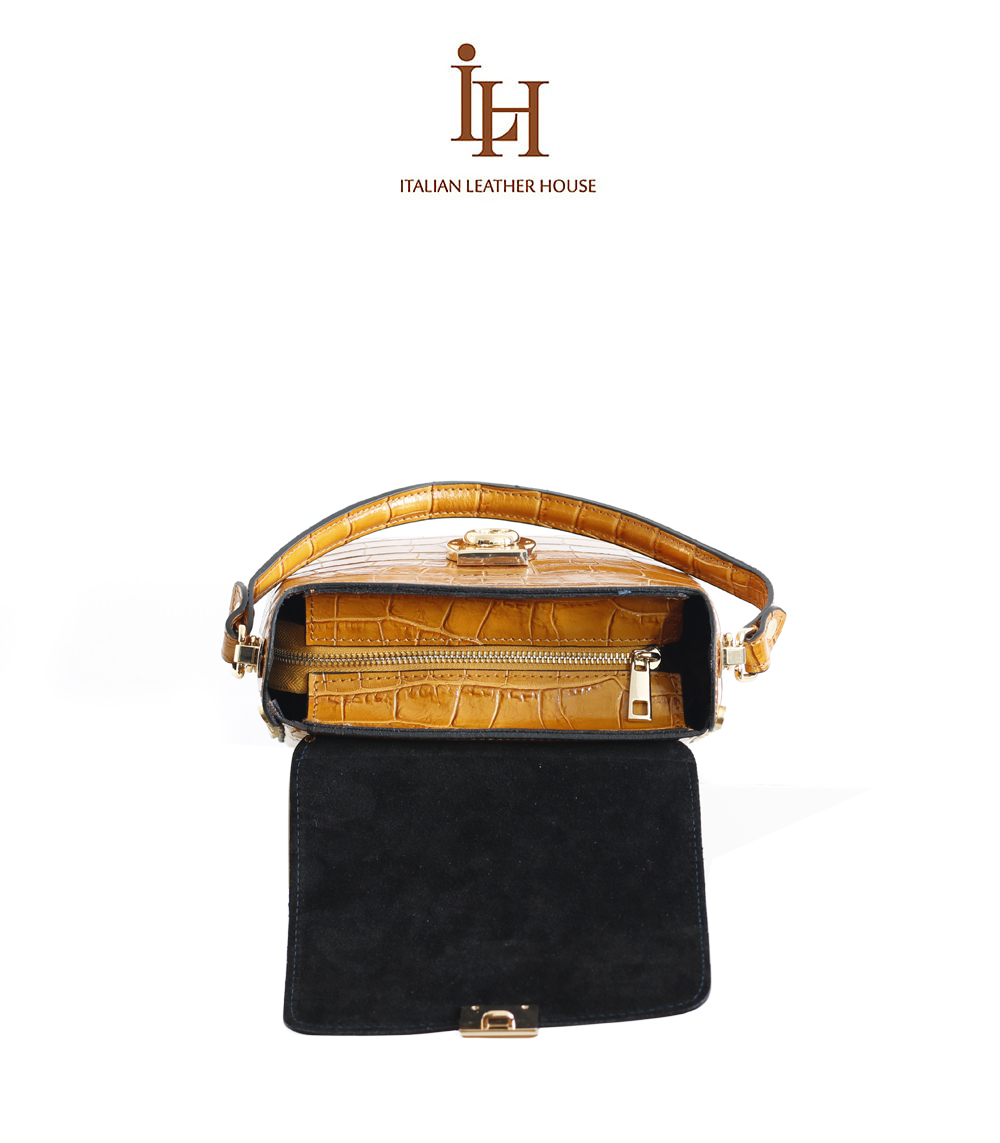 Italian Leather Crossbody Handbag - Personalised | Black | Gold Gold